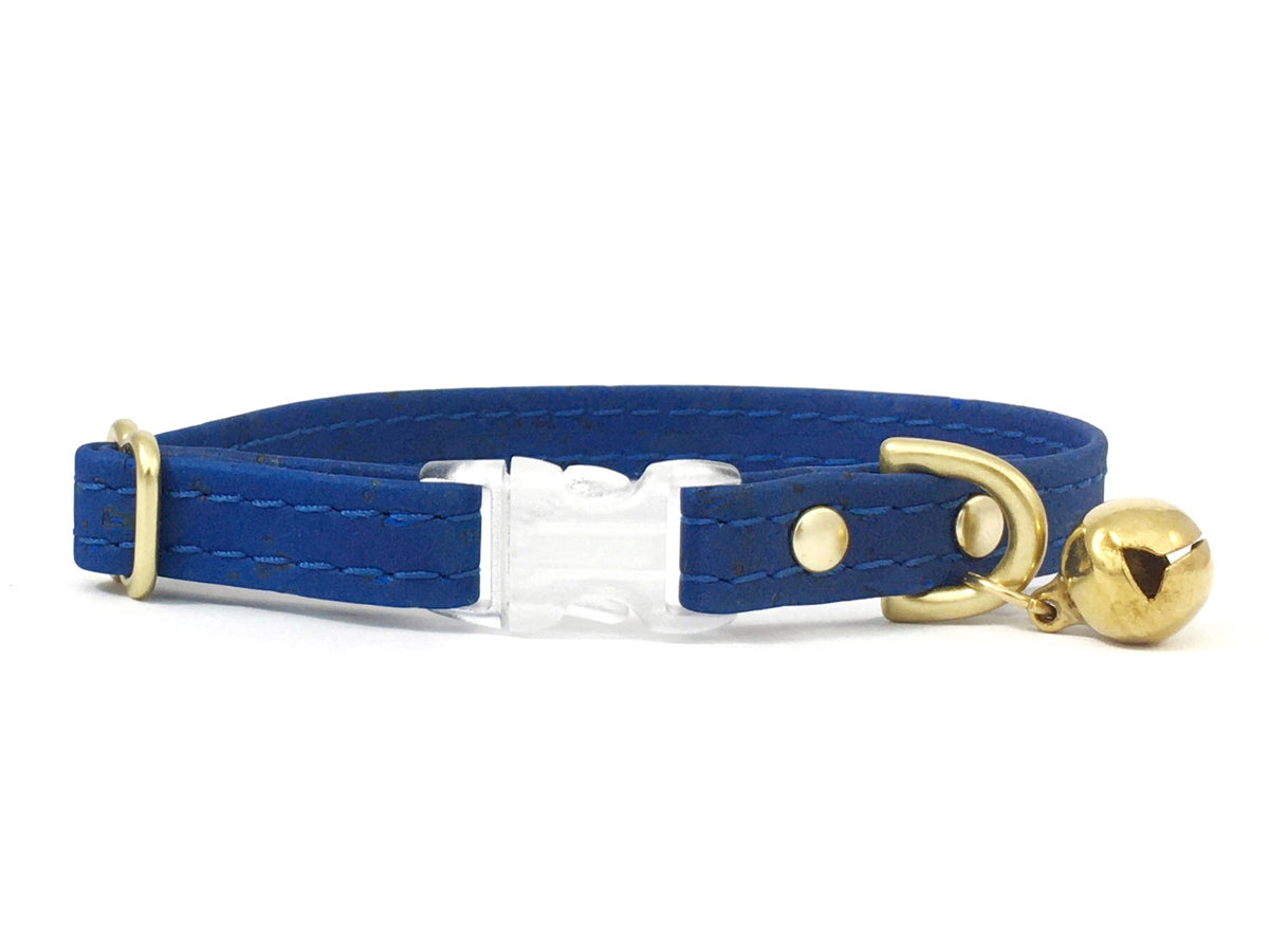 Blue Vegan Cork Leather Cat Collar With Breakaway Buckle Brass