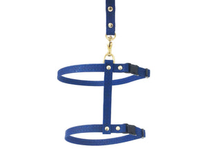 Blue cat harness and lead set in vegan cork leather and luxury brass. Made in the UK.