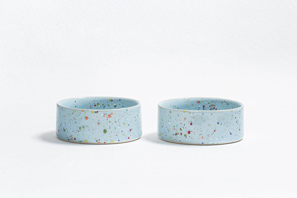 Blue ceramic cat bowl with speckles for cats, kittens and small dogs.
