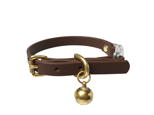 Dark-brown-cat-collar-biothane-vegan-leather-breakaway-buckle-brass-bell