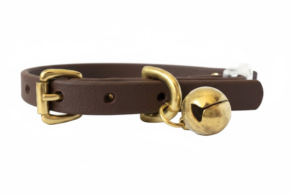 Dark-brown-cat-collar-classic-brass-buckle-breakaway-safety-brass-silver-bell