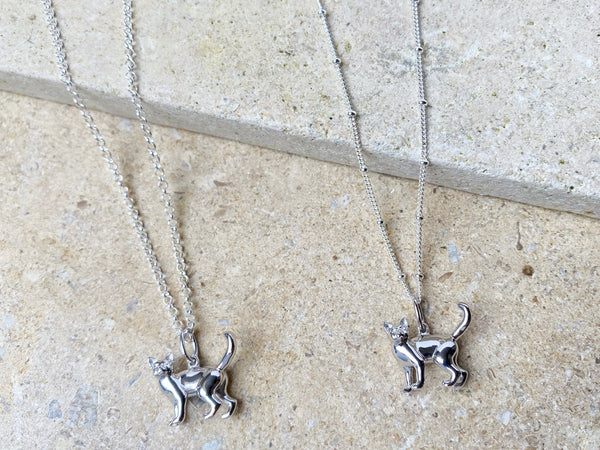 sterling silver cat necklace personalised with belcher or satellite chain