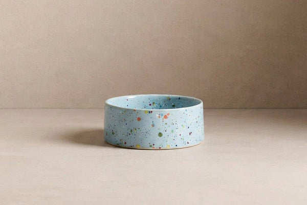 Ceramic cat bowl blue speckles for food and water.