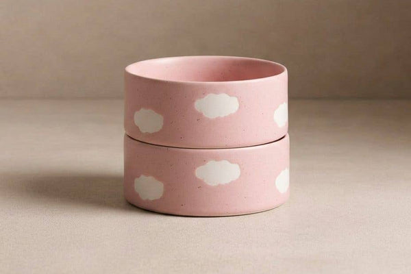 Ceramic cat bowl cute pink clouds design.