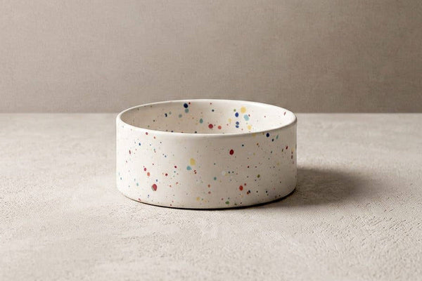 White ceramic cat bowl with colourful speckles for food and water. Suitable for cats, kittens and small dogs.