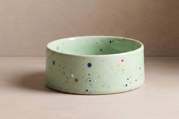 Ceramic cat bowl green speckles for cats, kittens, small dogs and puppies.