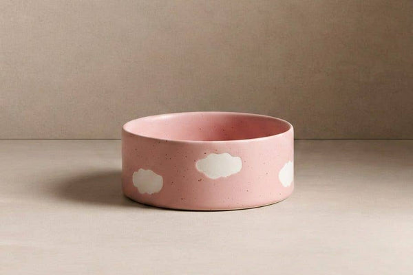 Ceramic cat bowl pink clouds design for cats, kittens, small dogs and puppies.