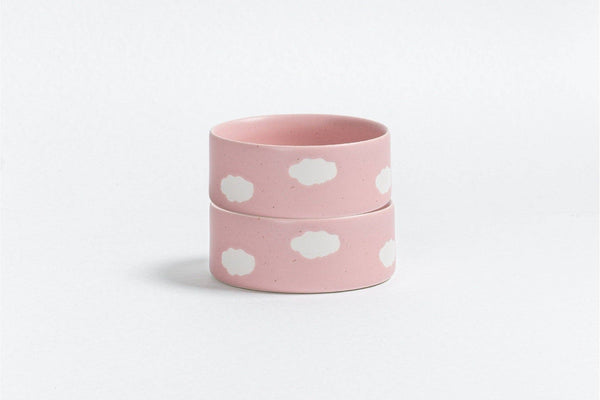 Ceramic cat bowl pink clouds design handmade.