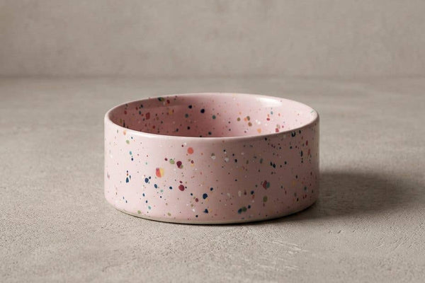Ceramic cat bowl pink speckles for cats, kittens and small dogs.