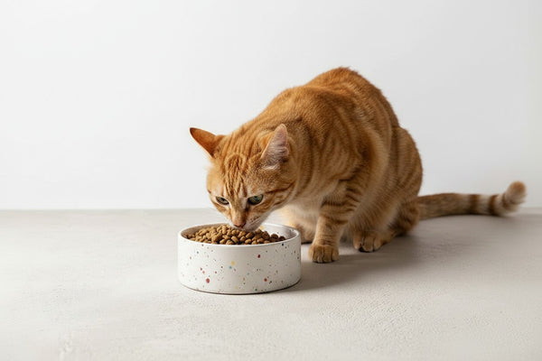 Ceramic cat bowl white speckles, ginger tabby cat eating food