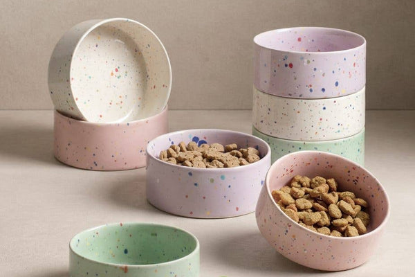 Ceramic cat bowls handmade in white, pink, purple and green.