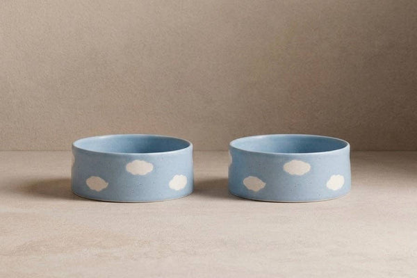 Ceramic cat bowls, small size in blue clouds design.