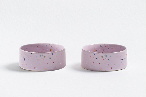 Ceramic cat food and water bowl purple speckles