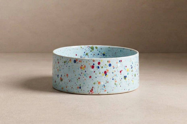 Ceramic dog bowl blue speckles handmade
