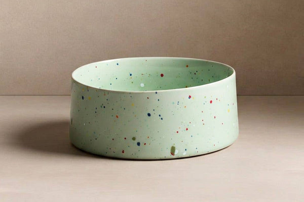Ceramic dog bowl green speckles for dogs and puppies.