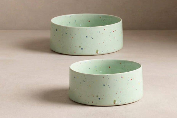 Ceramic dog bowl green speckles for food or water.