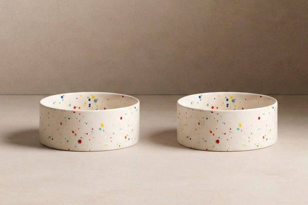 Ceramic dog bowl handmade in white speckles design.