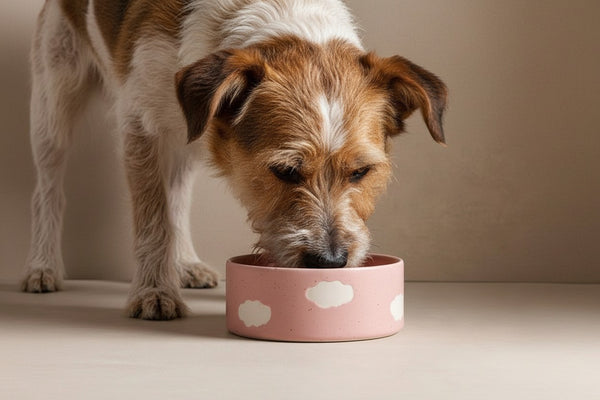 Ceramic dog bowl with pink clouds, terrier drinking water.