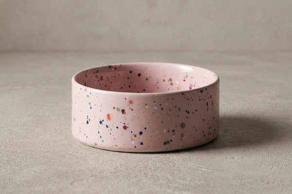Ceramic dog bowl pink speckles for dogs and puppies.