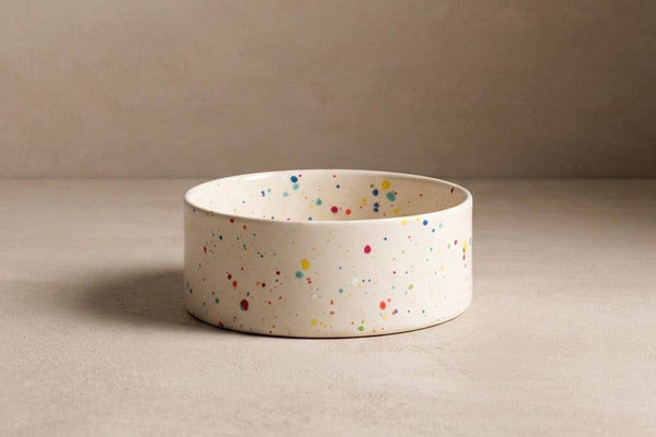 Ceramic dog bowl white speckles large size for dogs and puppies.