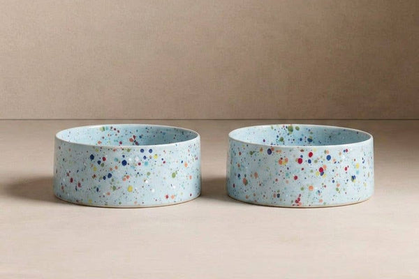 Ceramic dog and puppy bowl light blue speckles