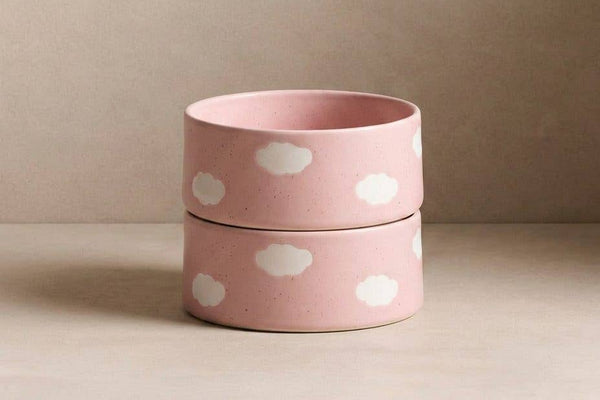 Ceramic dog and puppy bowls pink clouds large size.