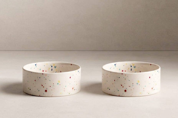 Ceramic food and water cat bowls white with speckles