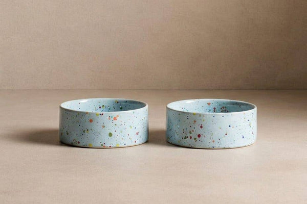 Ceramic food and water cat bowls blue speckles.