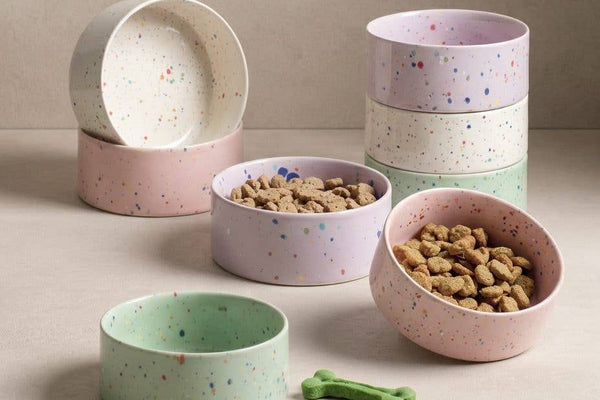 Ceramic pet bowls for dogs and puppies in white, pink, purple and green speckles.
