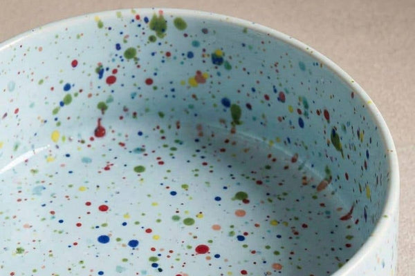 Ceramic pottery dog bowl blue speckles design