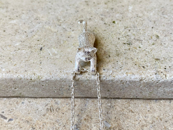 Dainty sterling silver hanging cat necklace on chain for cat lovers