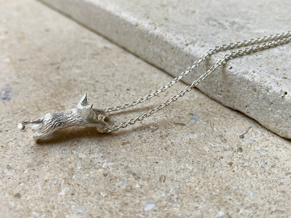 Sterling silver hanging cat pendant necklace on silver chain
