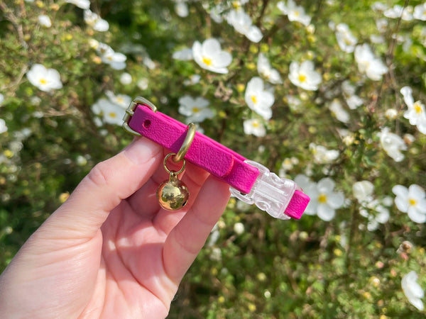 Magenta Pink BioThane® Cat Collar With Breakaway Safety Buckle & Bell - Brass