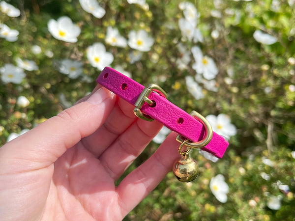 Magenta Pink BioThane® Cat Collar With Breakaway Safety Buckle & Bell - Brass