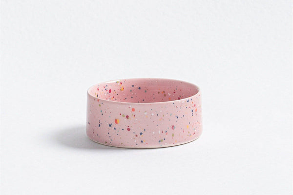 Pink ceramic dog food or water bowl handmade with speckles.