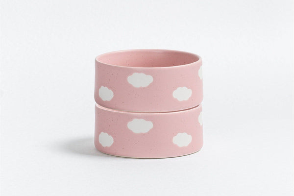 Pink dog bowl with cloud design, handmade stoneware.