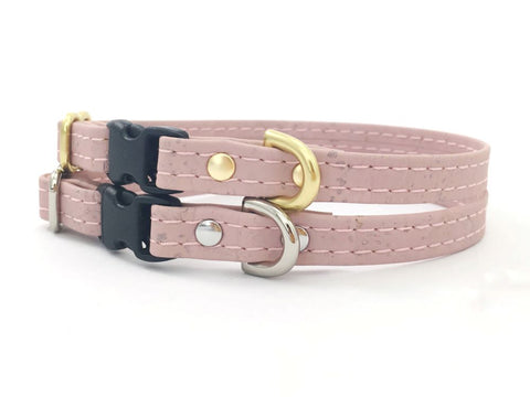 Pink miniature dog collar in vegan cork leather with luxury brass or silver hardware