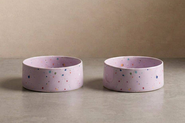 Purple ceramic dog bowl with speckles for food and water.