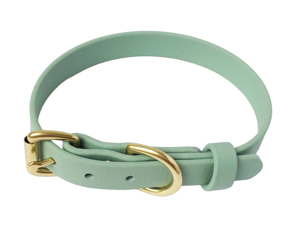 Sage green biothane dog collar with traditional brass buckle