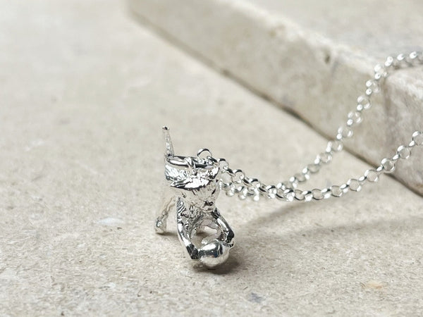 Sterling silver cat and ball pendant necklace with belcher chain