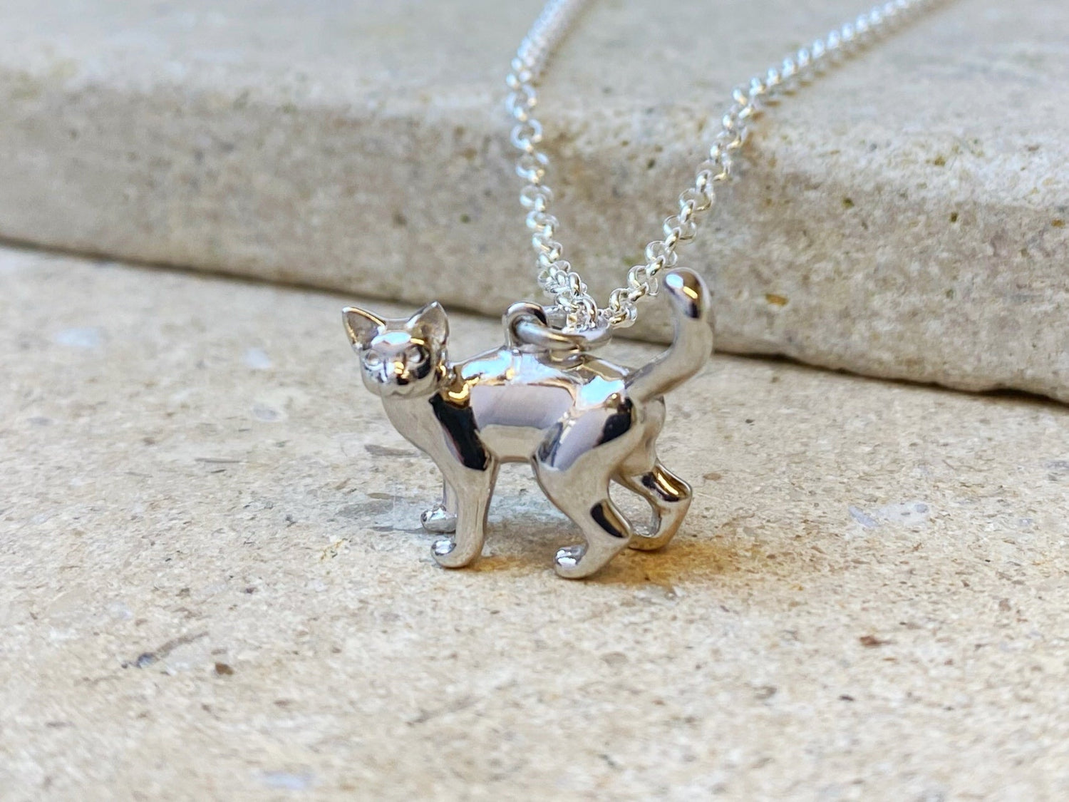 Sterling silver cat necklace with cat pendant and belcher chain