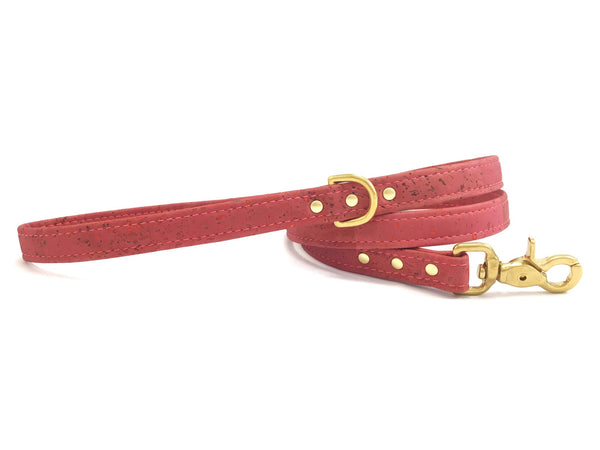 Pink dog leash/lead in pretty rose pink vegan cork leather with luxury brass hardware