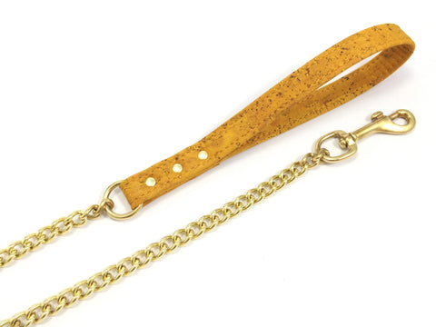 Chain dog lead in luxury solid brass gold with vegan cork leather handle