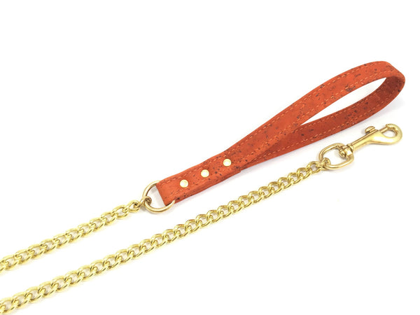 Chain dog lead in chunky and strong solid brass with a vegan leather handle