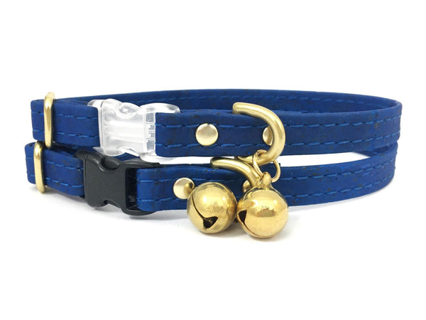 Blue breakaway safety cat collar in eco friendly vegan cork leather with luxury brass bell.
