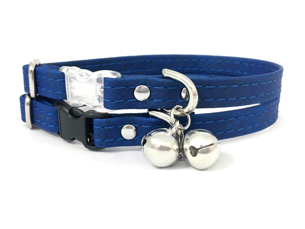 Blue vegan cork leather cat collar with breakaway safety buckle and luxury silver bell.
