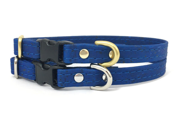 Blue vegan cork leather extra small dog and puppy collar in luxury brass or silver, made in the UK.