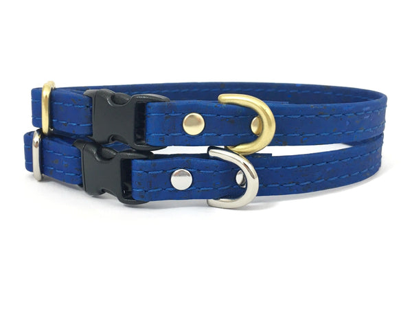 Blue vegan cork leather miniature dog and puppy collar in luxury brass or silver, made in the UK.