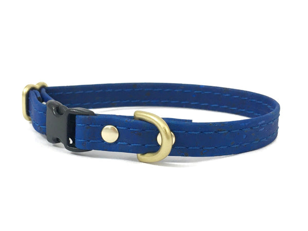 Blue vegan cork leather miniature dog and puppy collar with lightweight buckle and luxury brass hardware.