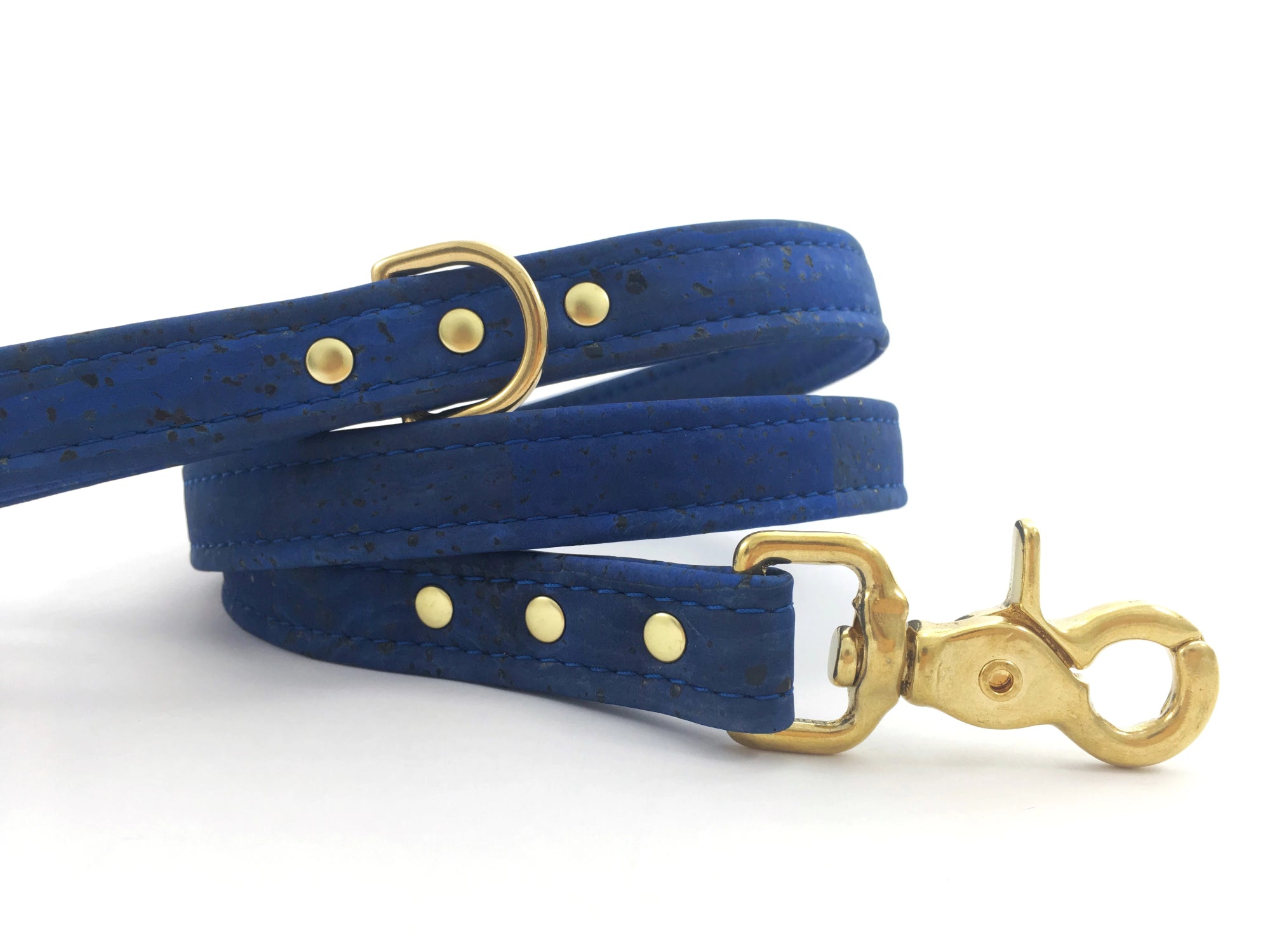 Blue dog leash in luxury vegan cork leather with solid brass trigger snap hook